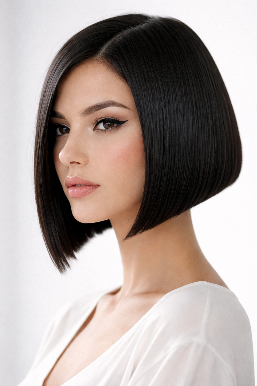Geometric bob with sharp architectural lines on straight hair