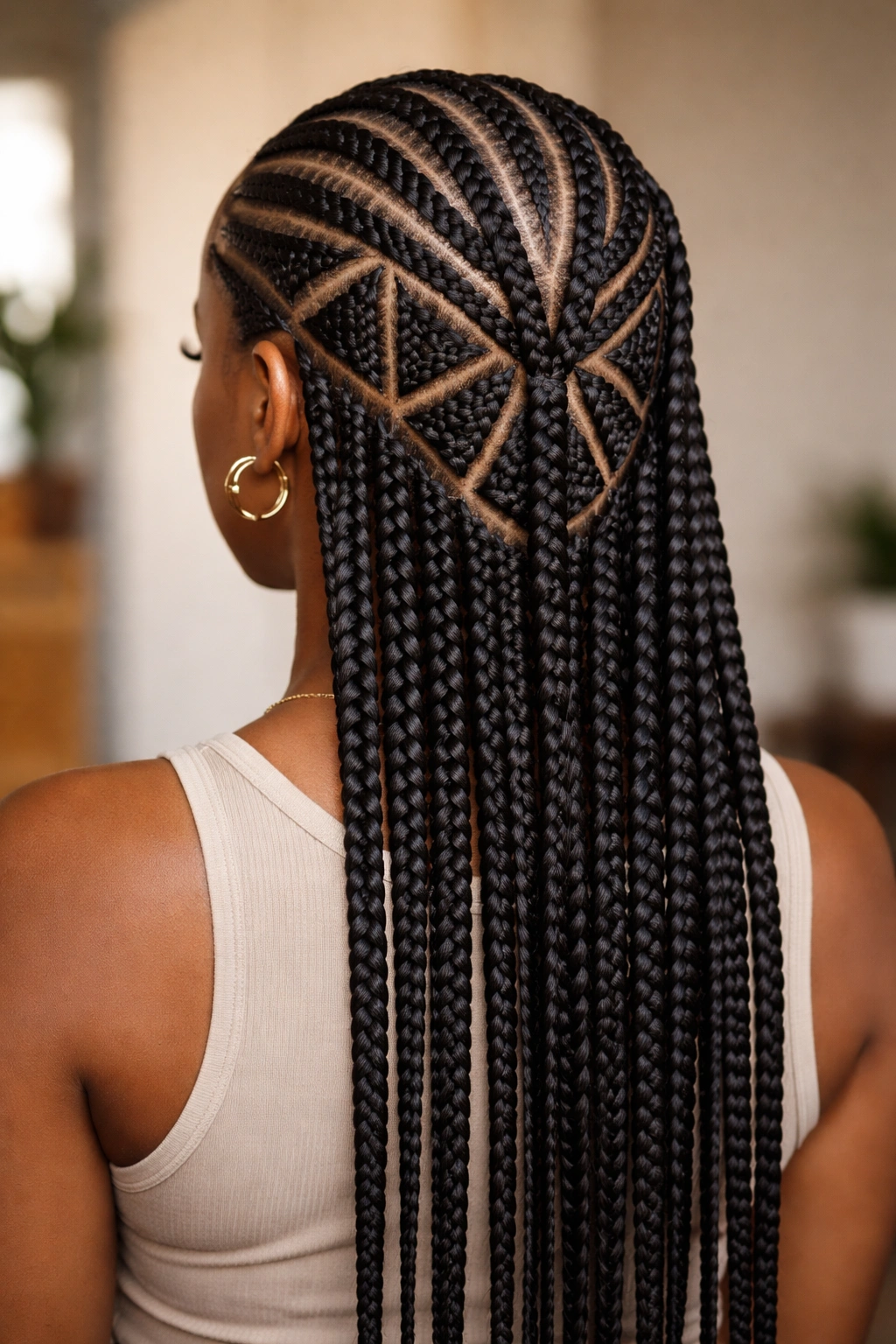 Geometric pattern of braids on straight-back cornrows forming triangles or diamonds