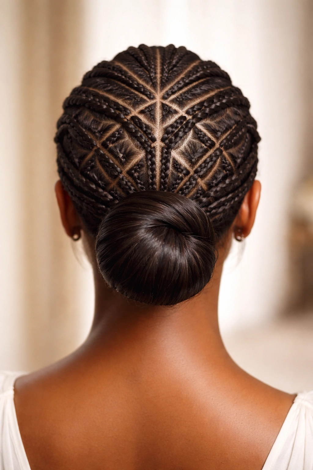 Geometric grid cornrow pattern with central bun for bridal look