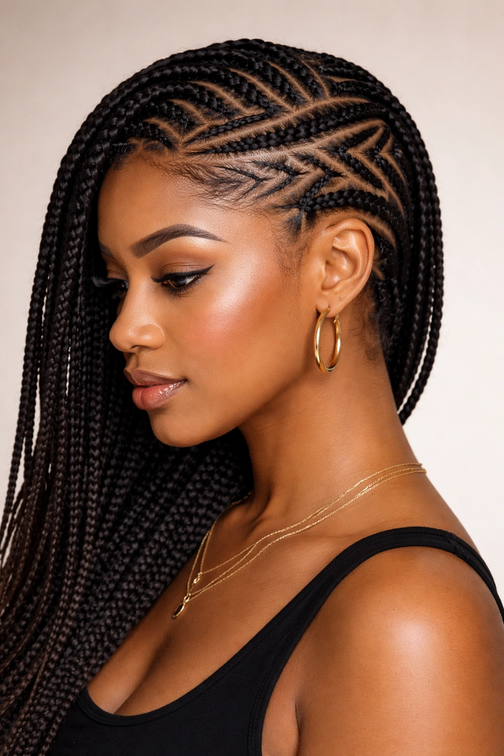 Head showing geometric cornrow patterns with a side-swept finish on a neutral backdrop
