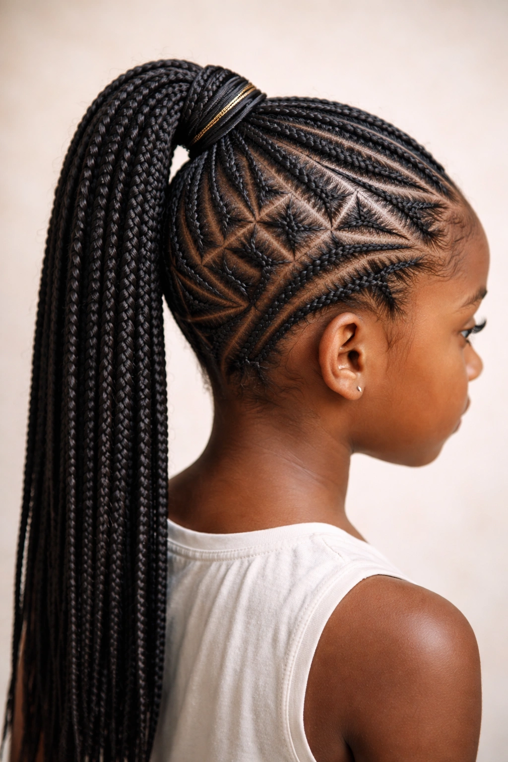 Top-down view of geometric cornrow pattern forming a ponytail