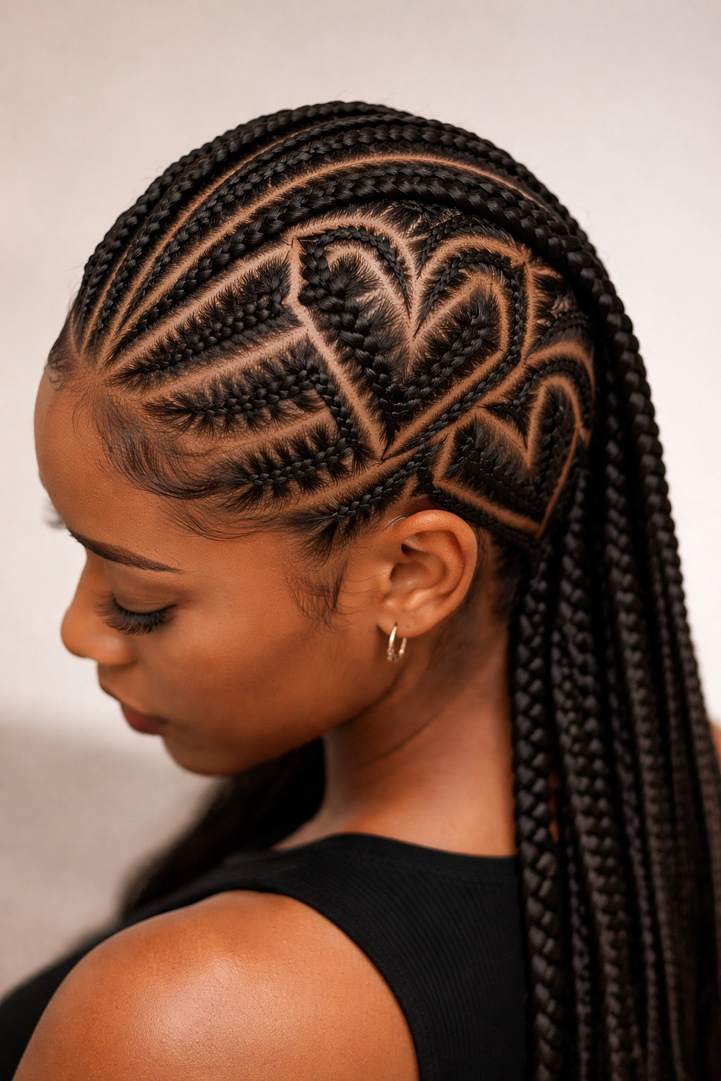 Close-up of geometric heart-shaped cornrows with crisp angular lines on the scalp