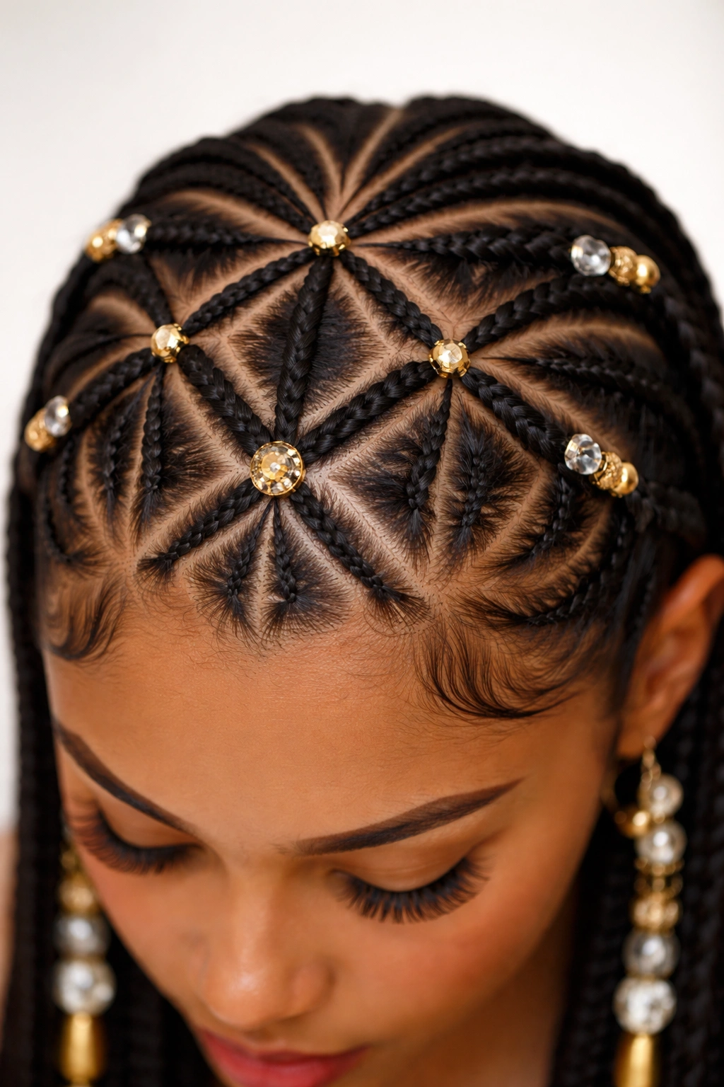 Close-up of geometric cornrow patterns with accent beads on the scalp