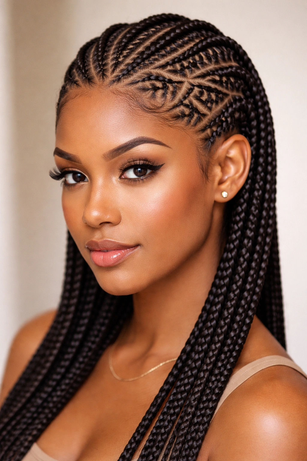 Close-up of a person with geometric feed-in cornrows featuring chevrons and hexagons on the scalp.