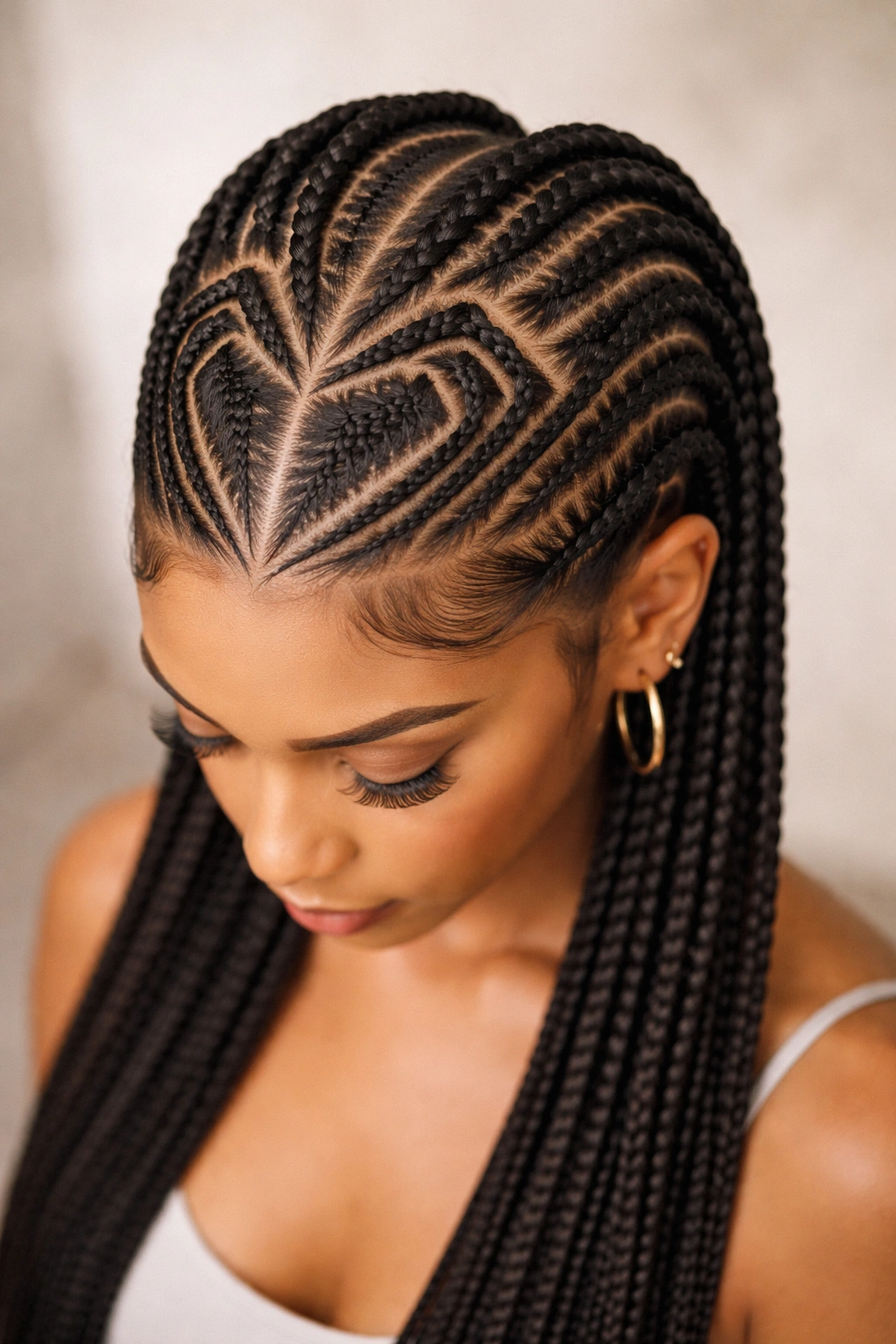 Close-up of geometric heart pattern feed-in cornrows showing angular lines on the scalp