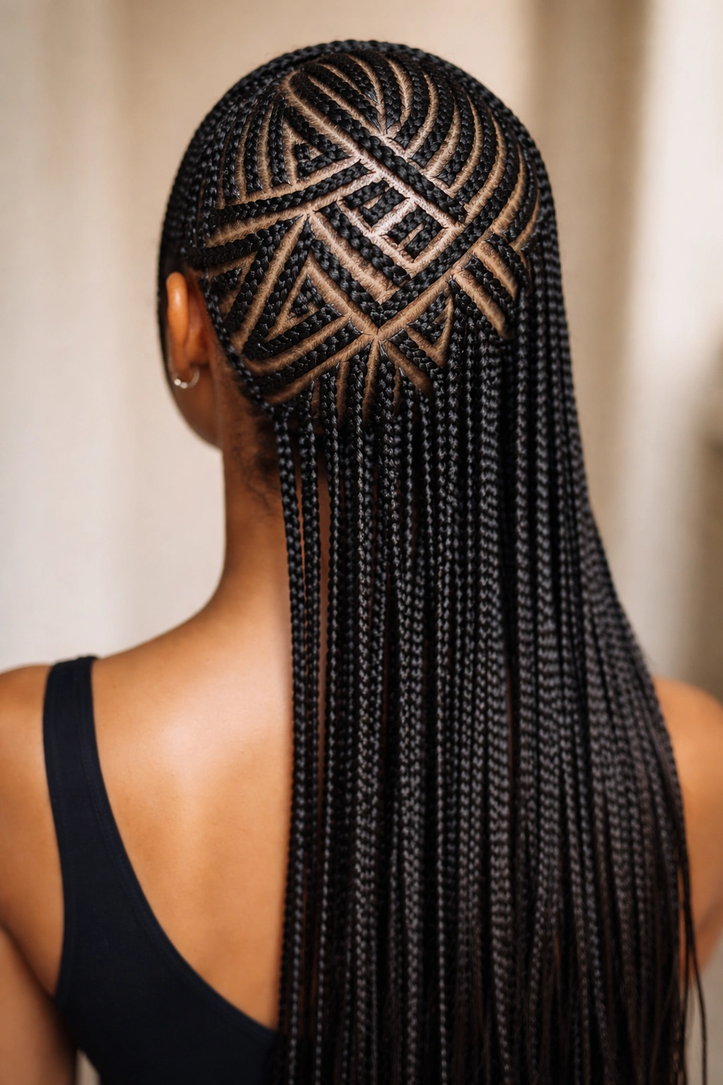 Back view of geometric cornrows forming triangles and zigzags across the scalp