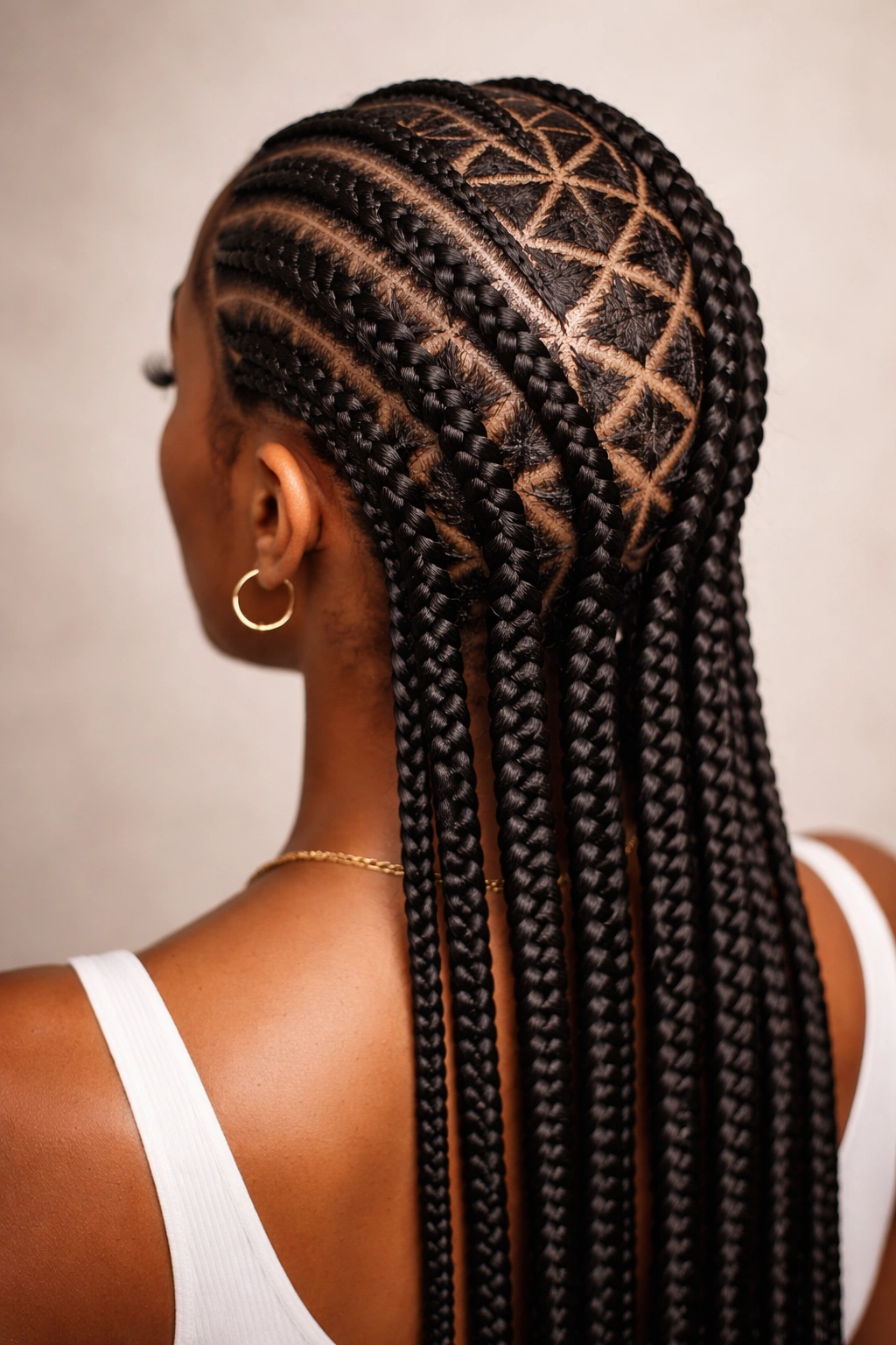 Head-and-shoulders view showing geometric cornrow patterns on the scalp