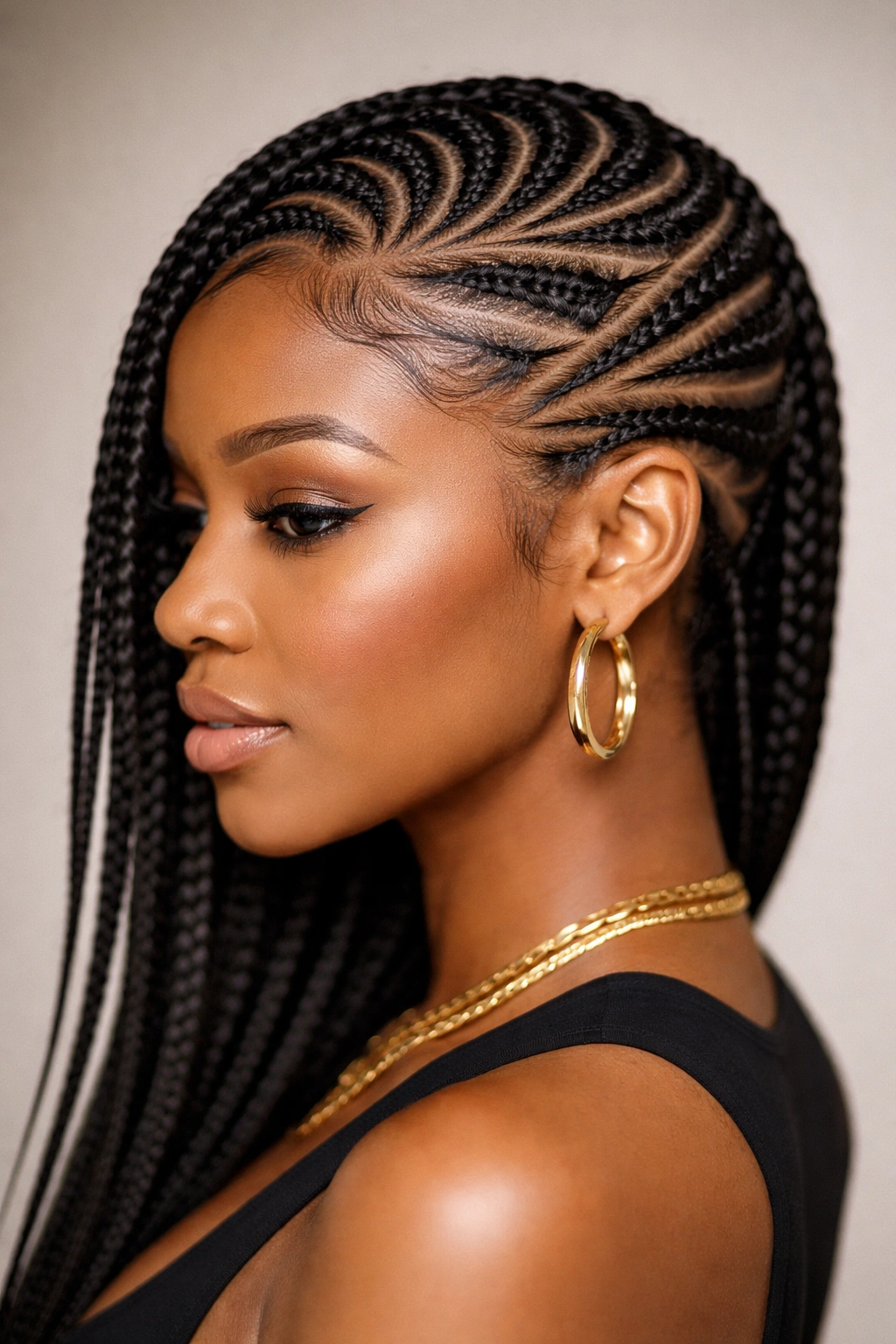 Close-up of geometric side sweep cornrows with sharp angles and negative space on a Black woman's head