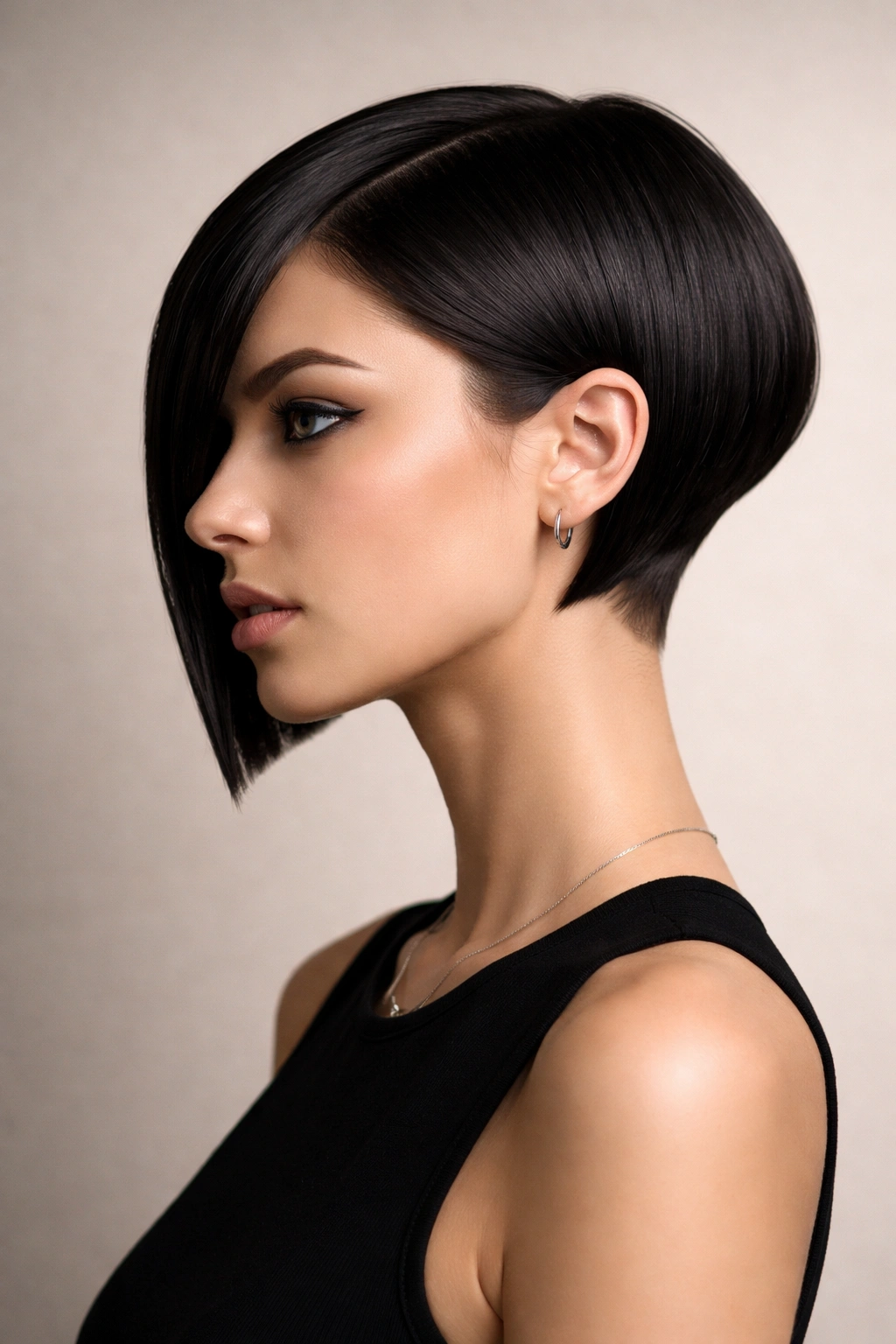 Portrait of a person with a geometric cut featuring sharp angles and defined edges