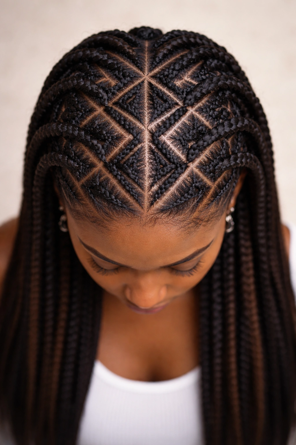 Top-down view of geometric grid braiding on scalp with extensions