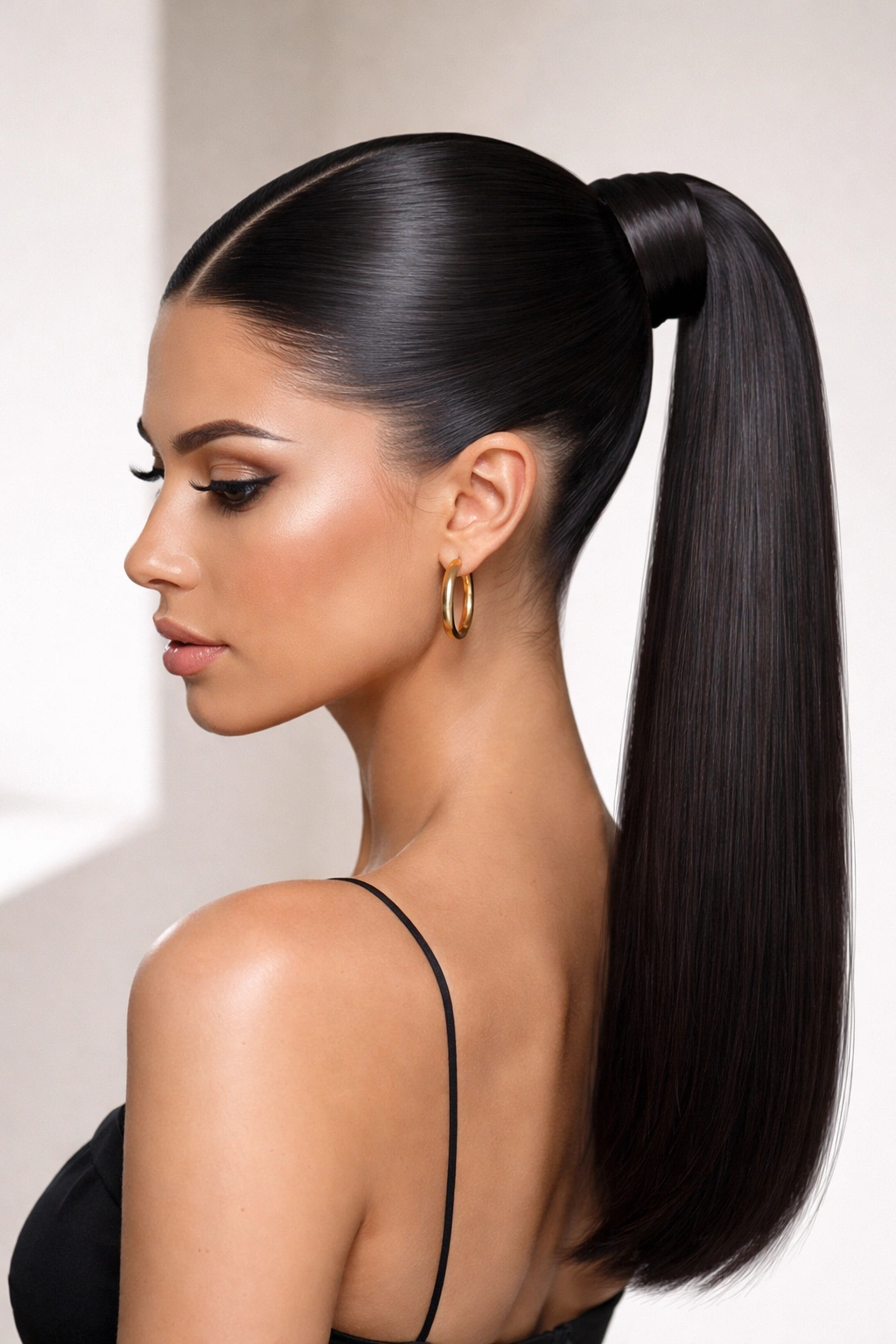 Side-shot of a geometric graphic ponytail with a sculptural middle part