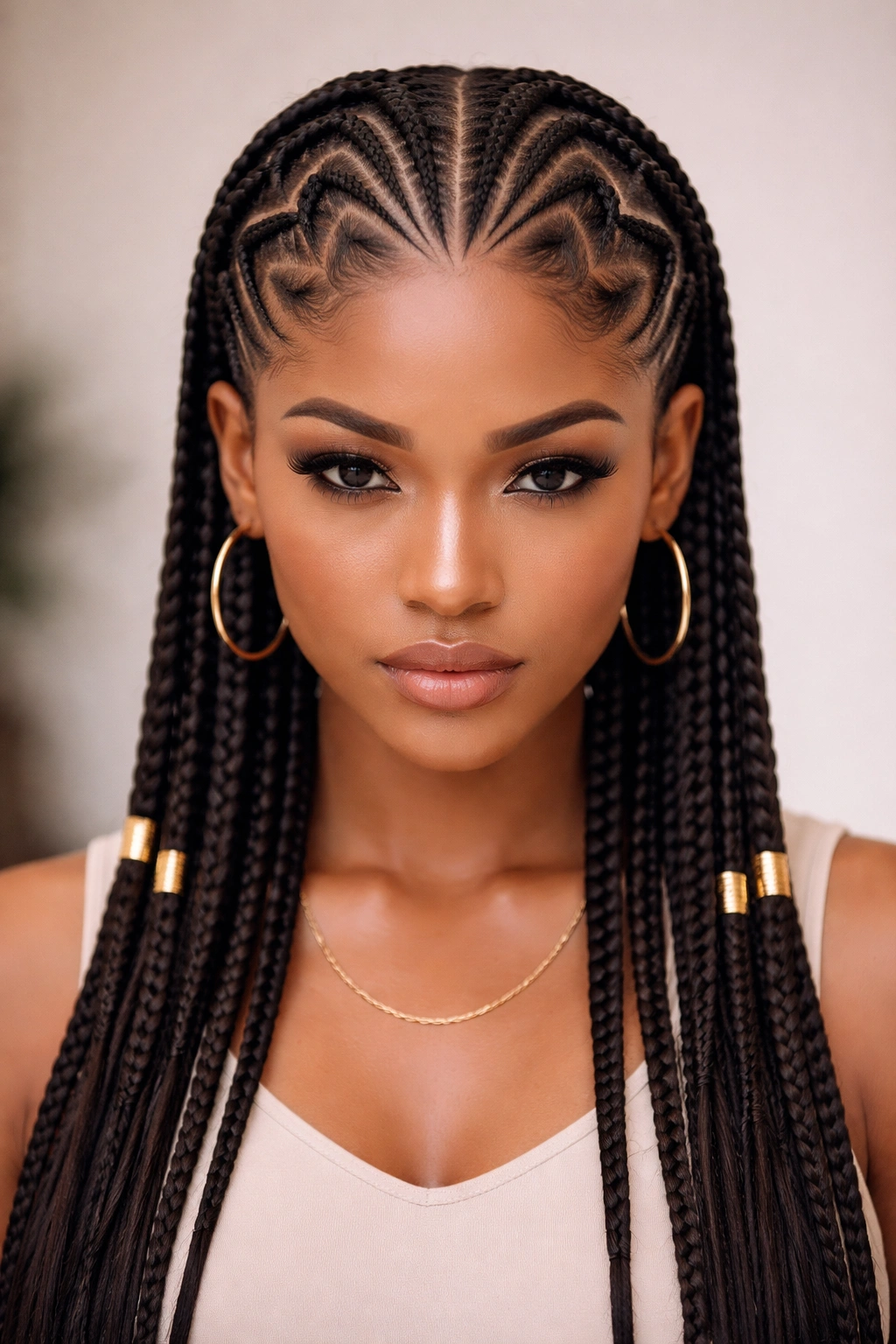 Geometric heart pattern in feed-in cornrows with sharp angles