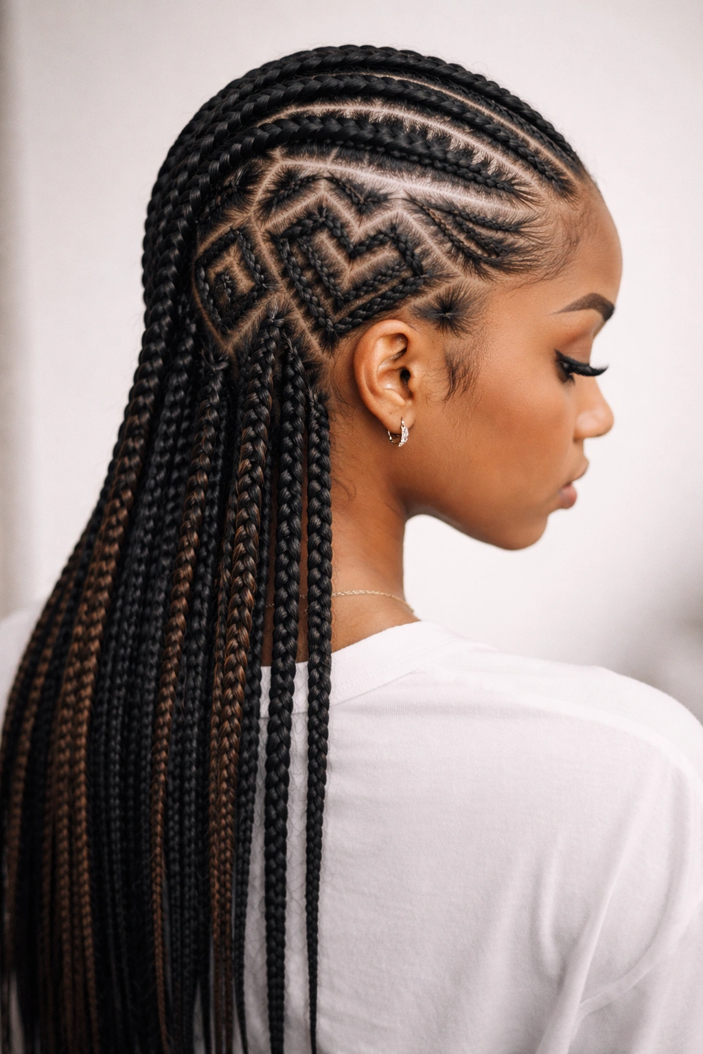 Geometric heart pattern in feed-in cornrows