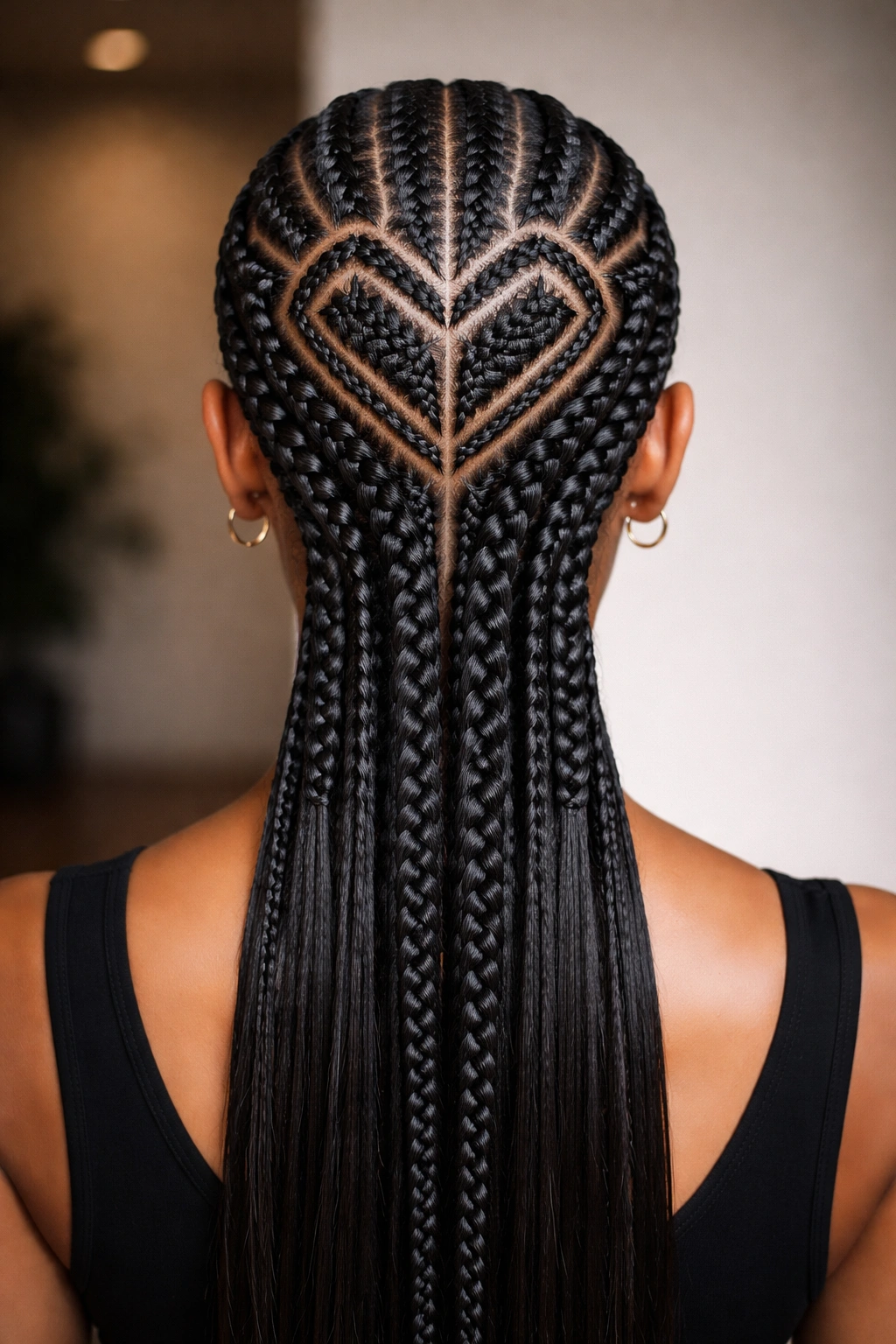Head-on shot of geometric heart cornrows with sharp angular lines creating a modern pattern