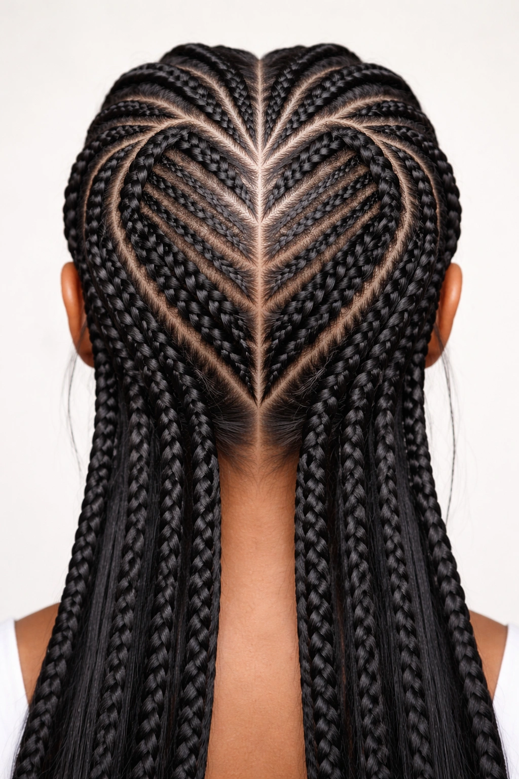 Close-up of geometric heart feed-in cornrows with crisp angular lines on the scalp