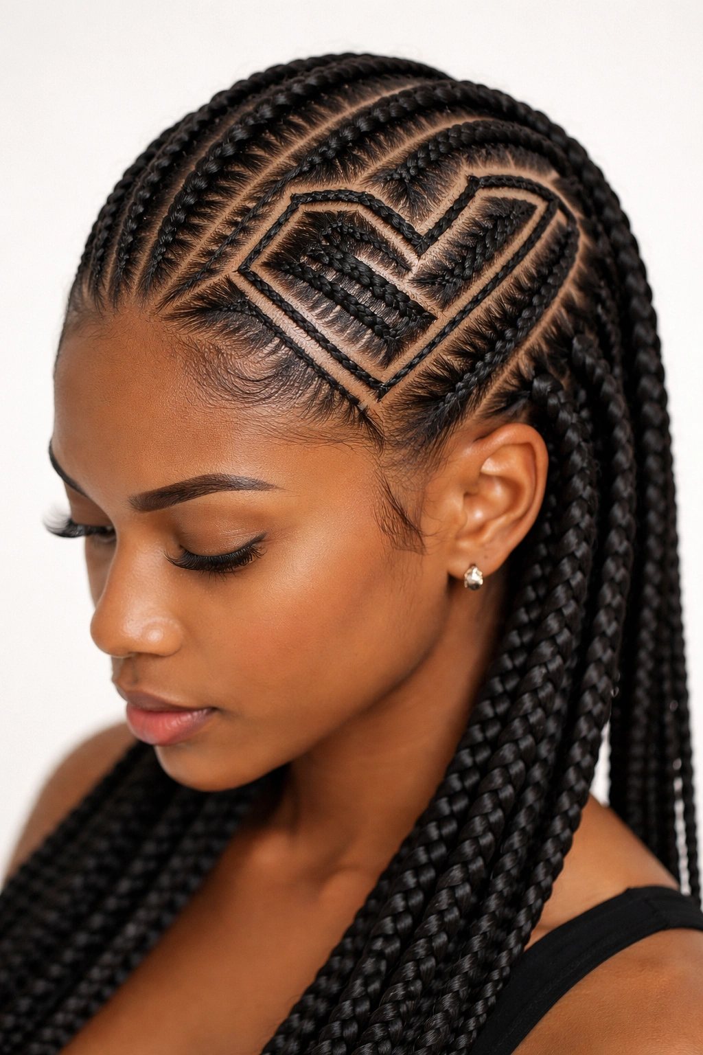 Close-up of geometric heart feed-in cornrows with crisp angular lines and glossy braids