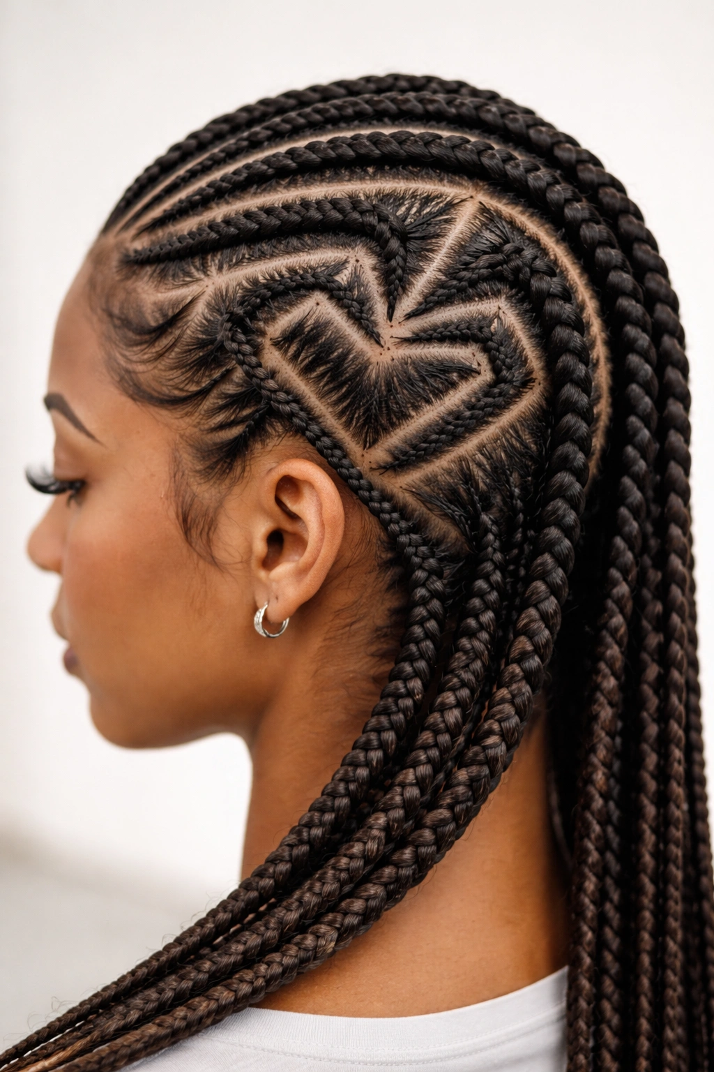 Close-up of geometric heart-shaped feed-in cornrows with sharp angular lines on scalp