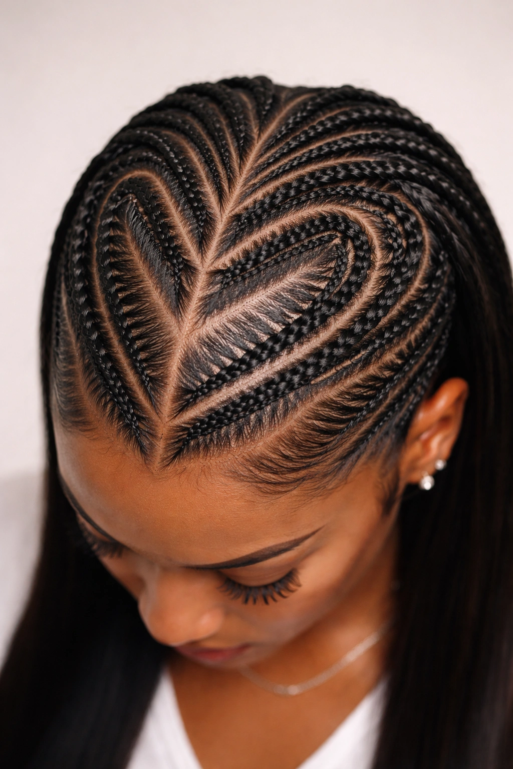 Close-up of angular heart-shaped feed-in cornrows on scalp with crisp lines