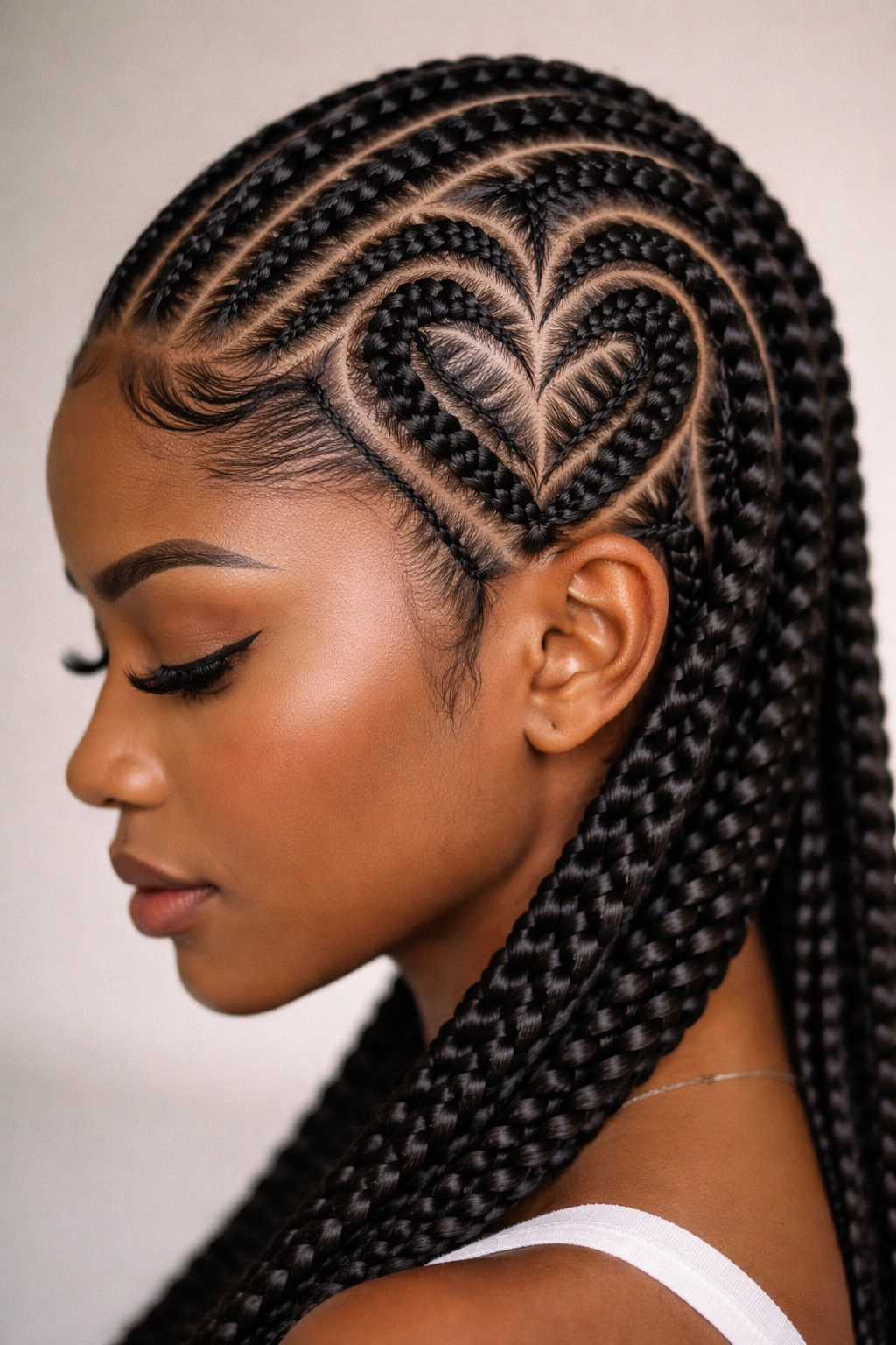 Close-up of geometric heart feed-in cornrows on the scalp with crisp angular lines in studio lighting