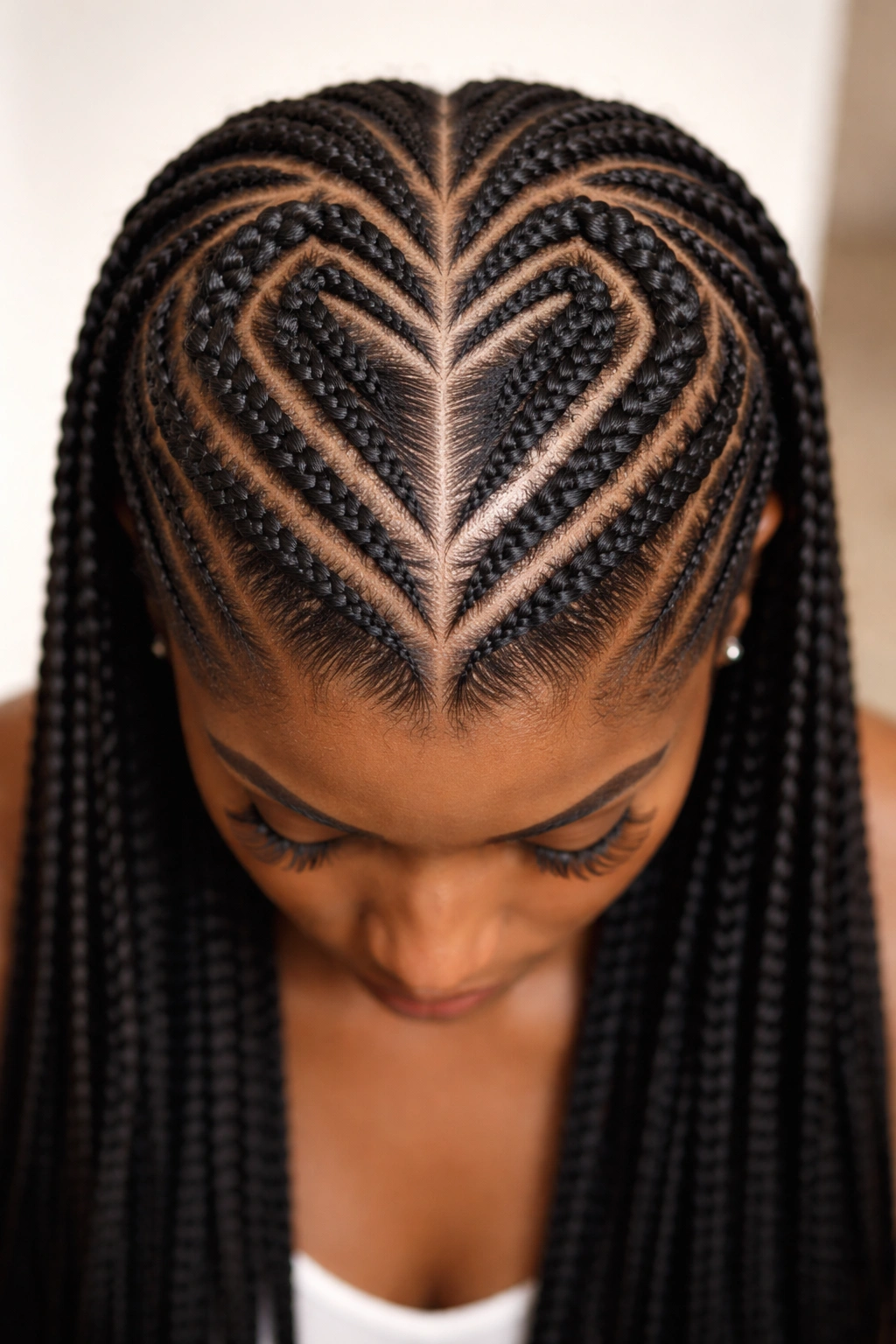 Close-up of geometric heart-shaped feed-in cornrows with crisp angular lines