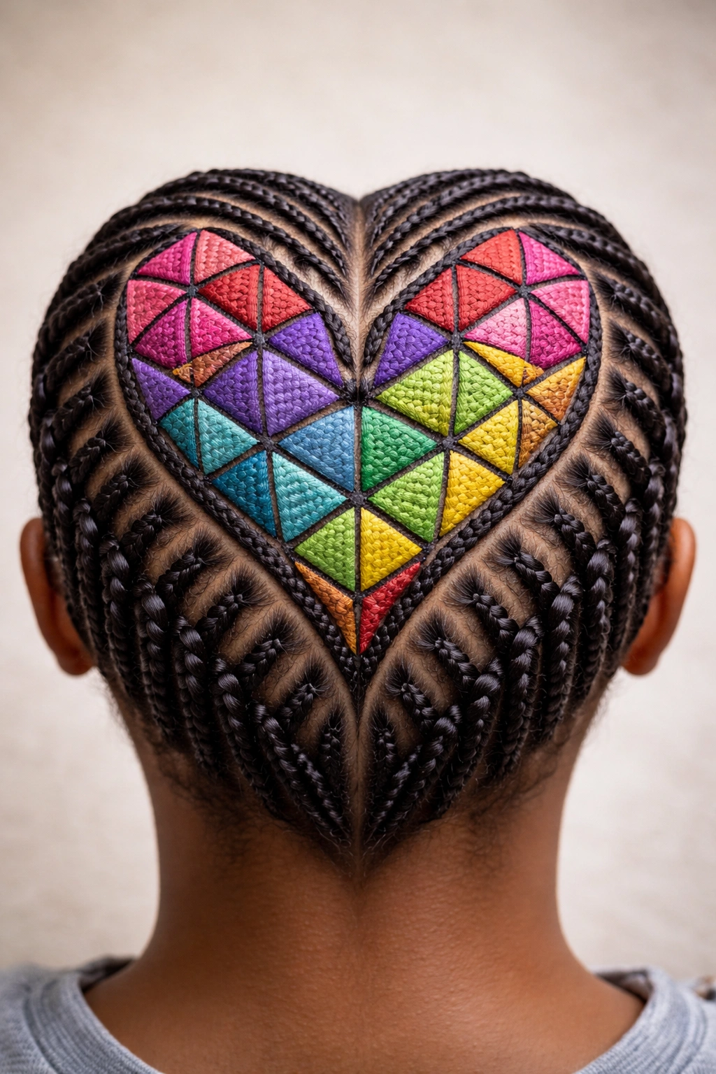 Overhead view of scalp with geometric heart grid made of triangular and square sections