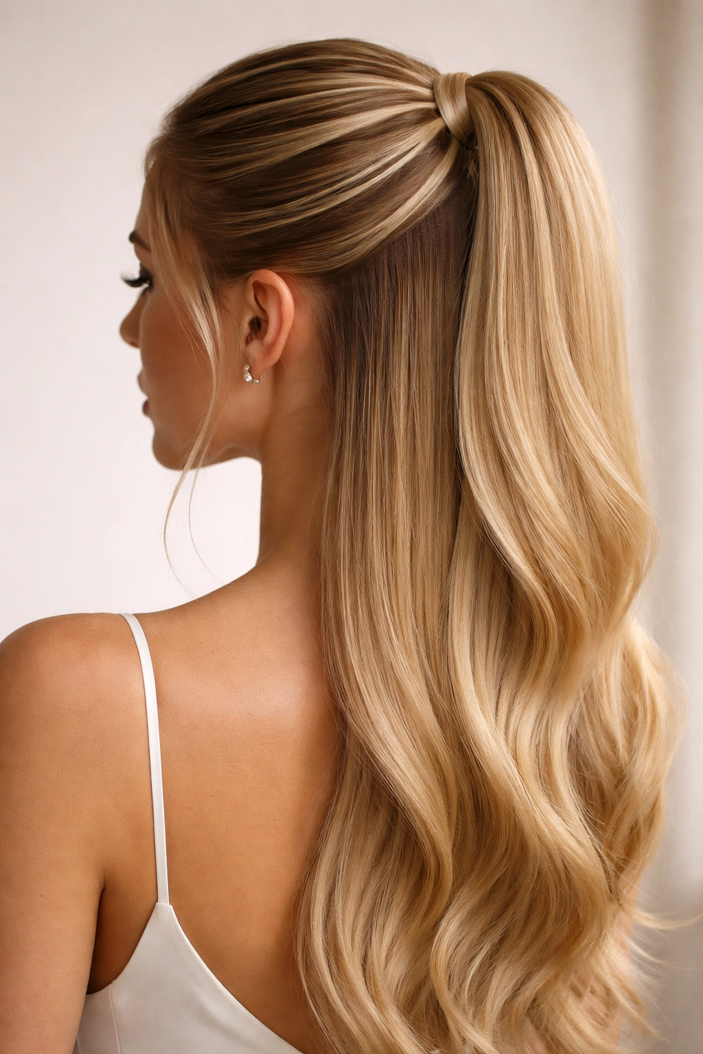 Geometric, tiered hold half-up with tiny elastics above ponytail