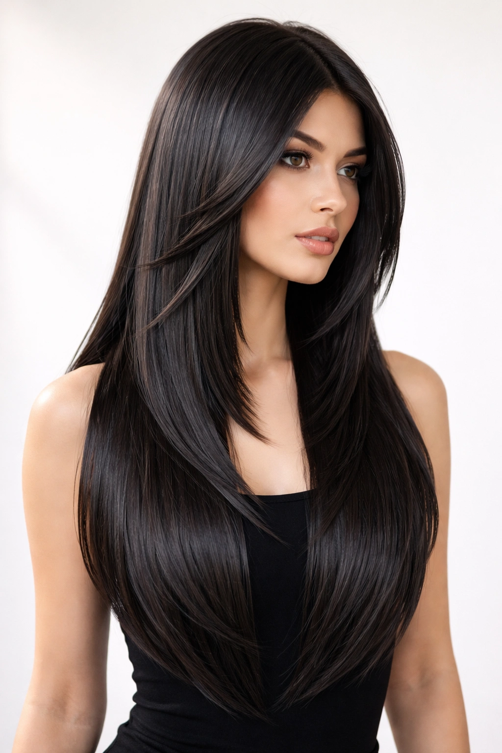 Geometric layered cut with sharp lines on straight hair