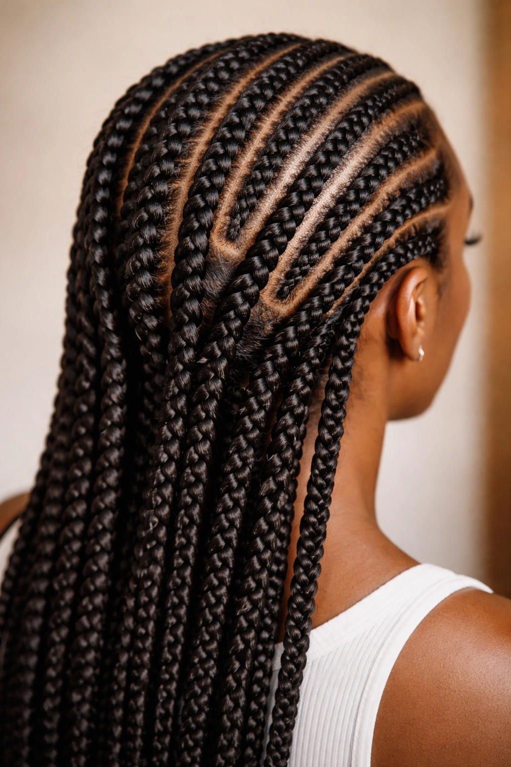 Close-up of scalp with alternating thin and thick flat twists transitioning into box braids