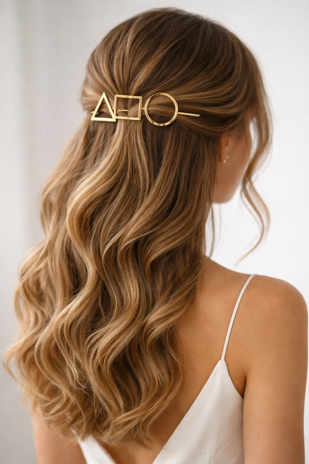 Top half-up hairstyle with bold geometric pins