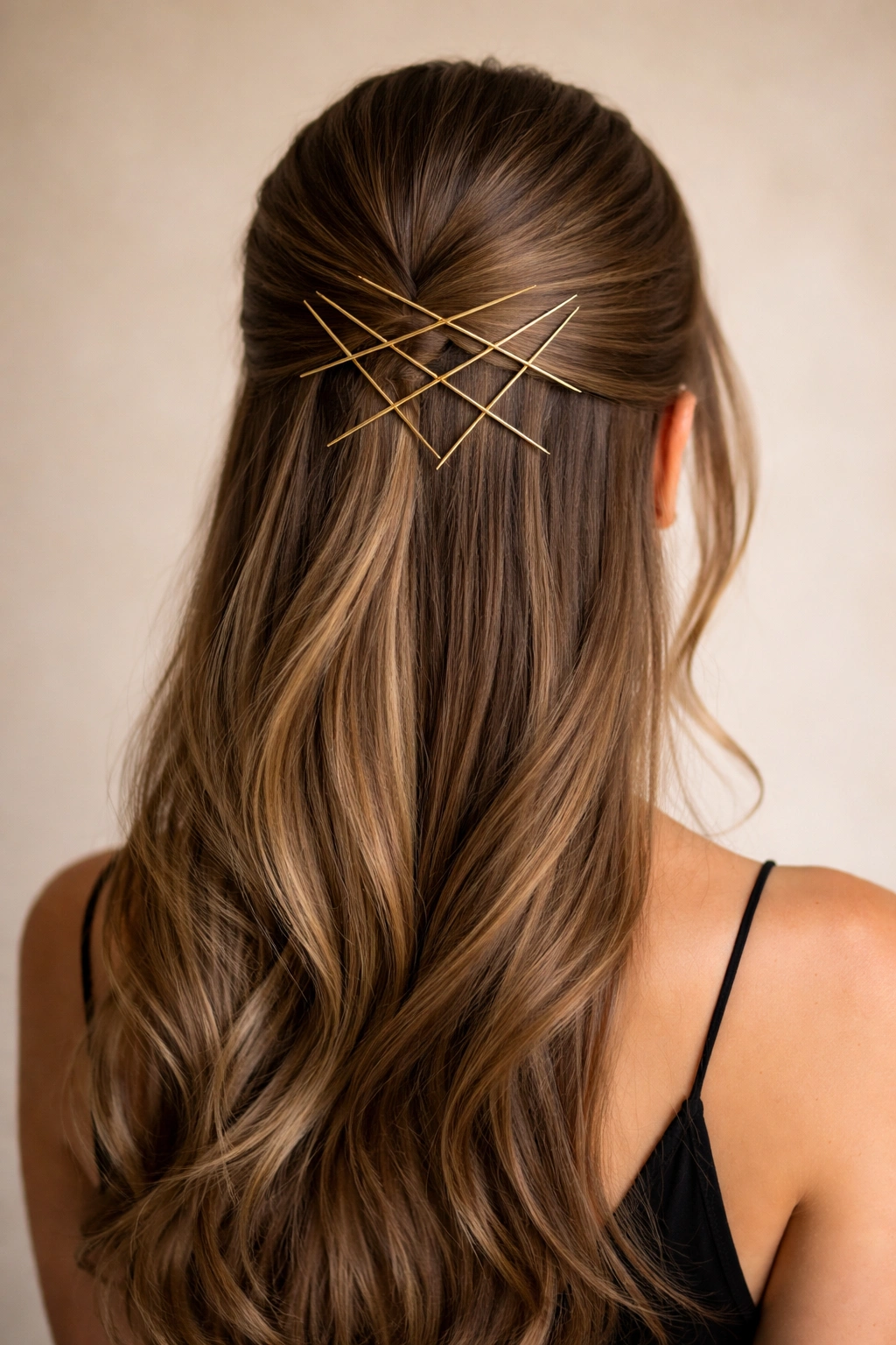 Close-up of sleek geometric pin placement on a half-up hairstyle