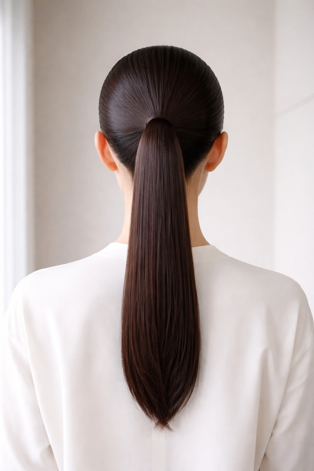 Back view of geometric ponytail with a circular base and negative space