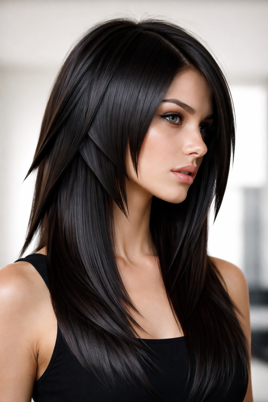Close-up of straight hair showing angle-cut geometric layers