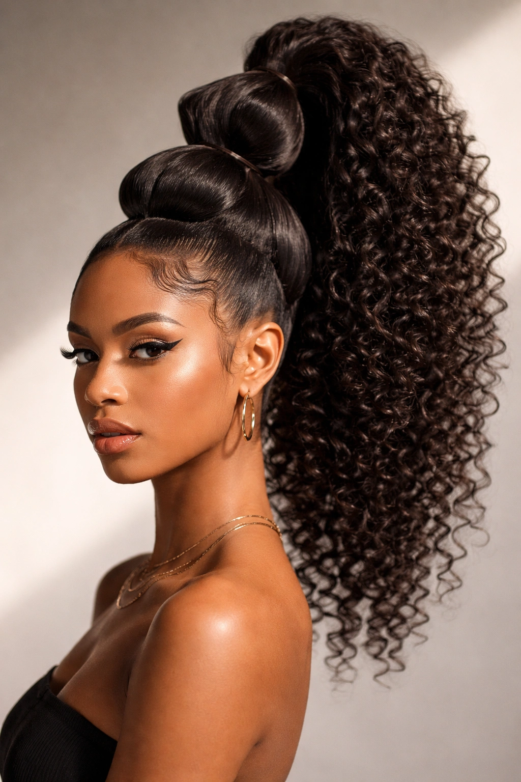 High ponytail with sculptural geometric sections in curly hair
