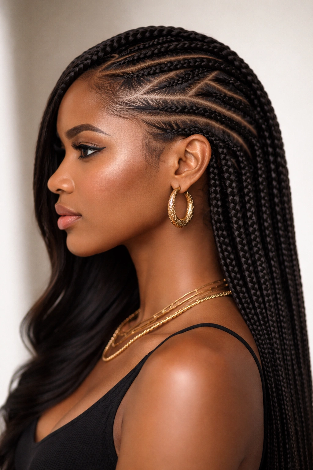 Side-swept geometric Yoruba braids across head, no text