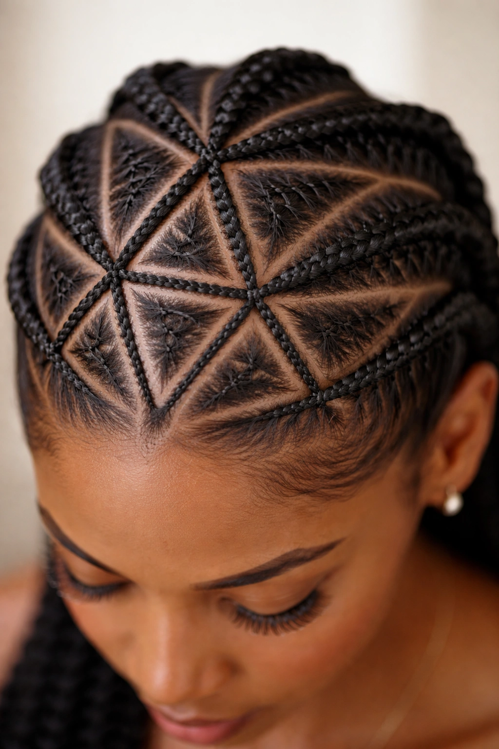 Close-up of scalp showing geometric triangle braids forming a triangular pattern across the crown.