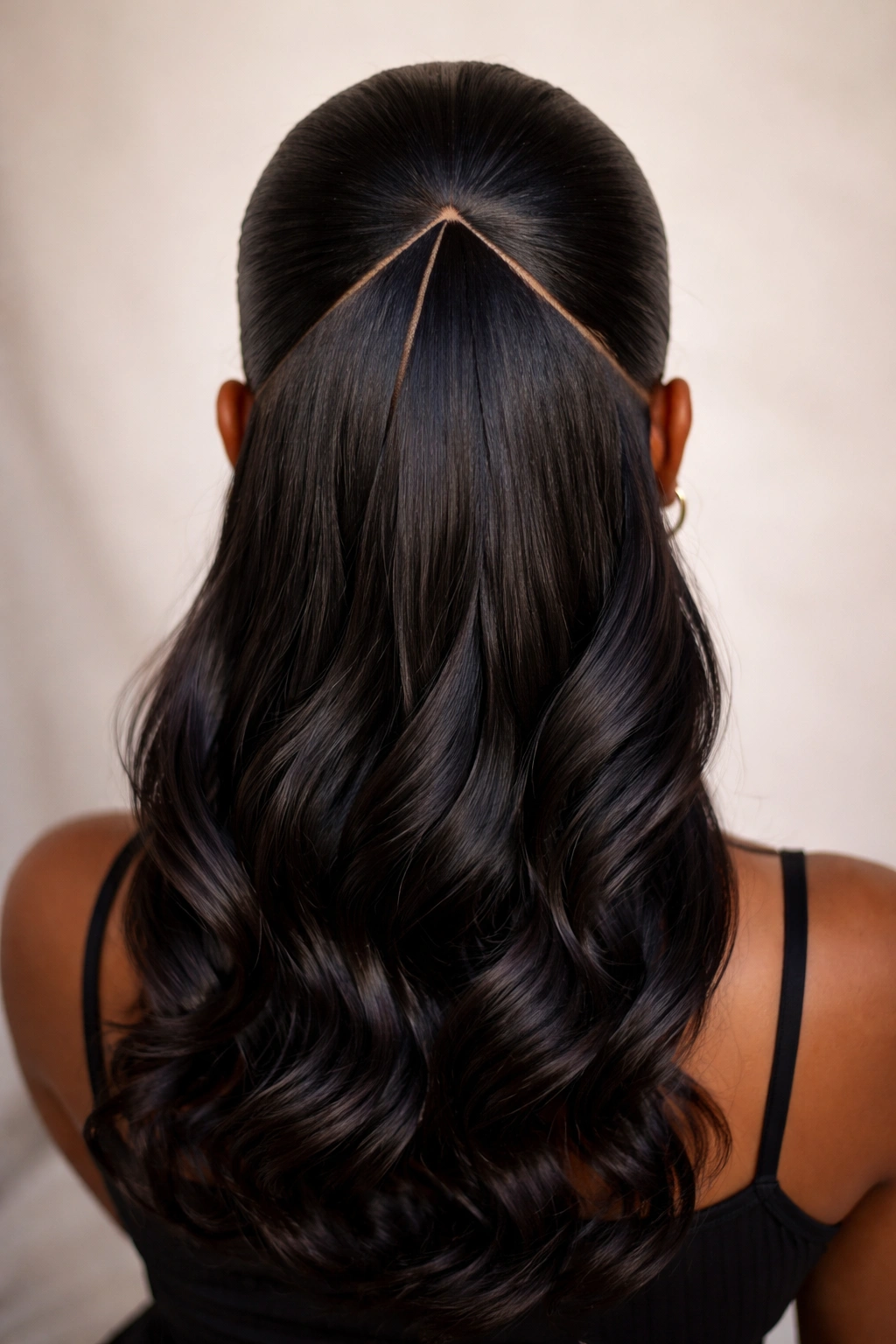 Close-up of geometric triangle with sleek back hairstyle showing sharp crown lines and down-styled lower hair