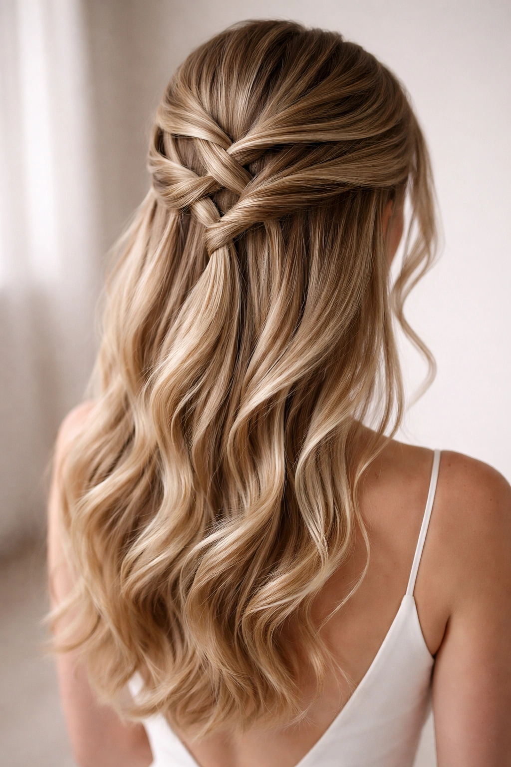 Close-up of a geometric twisted half-up bridal hairstyle showing interlocking patterns