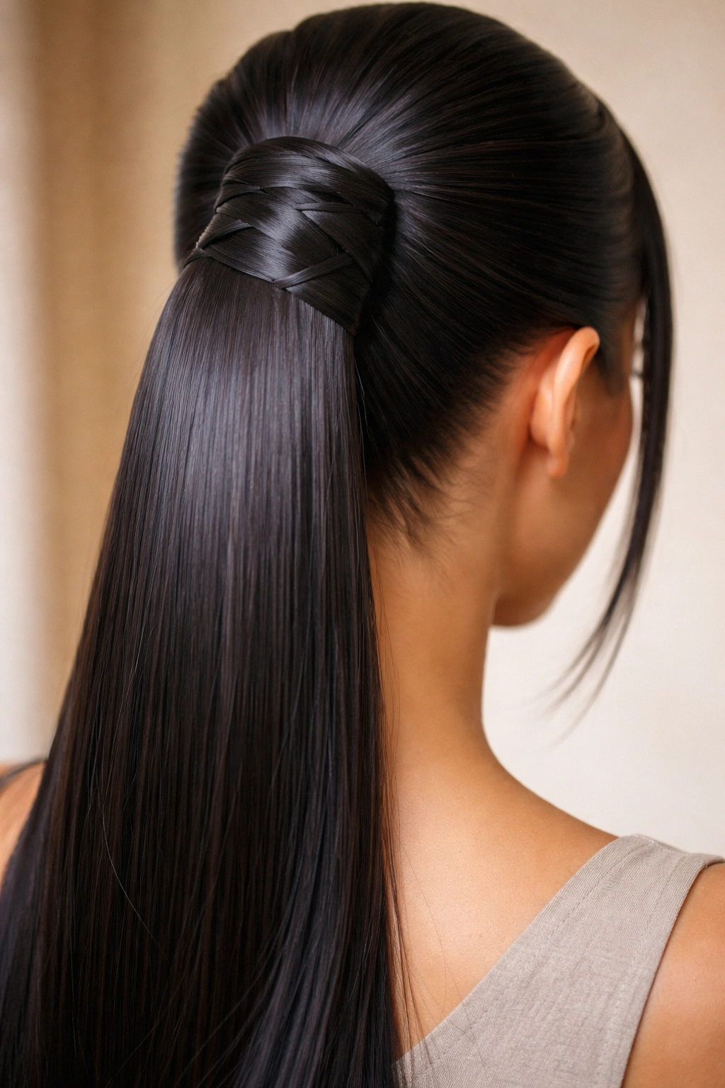 Geometric wrap detail at the base of a sleek weave ponytail