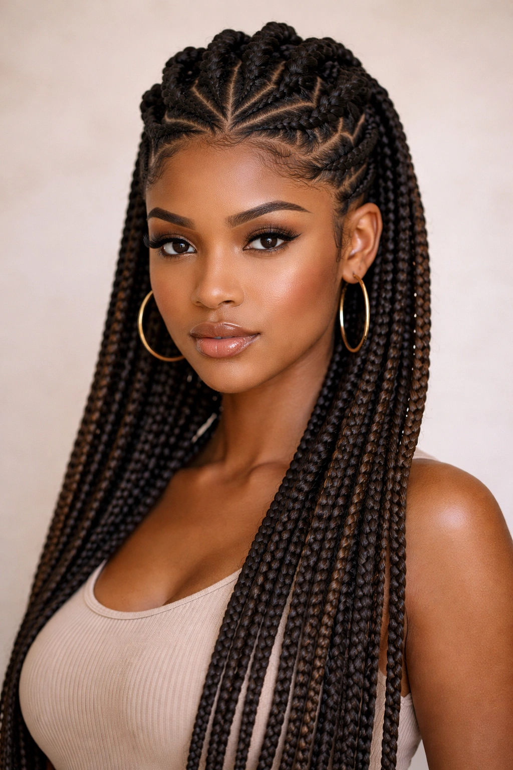 Geometric zigzag crown formed by cornrows with box braids extending downward
