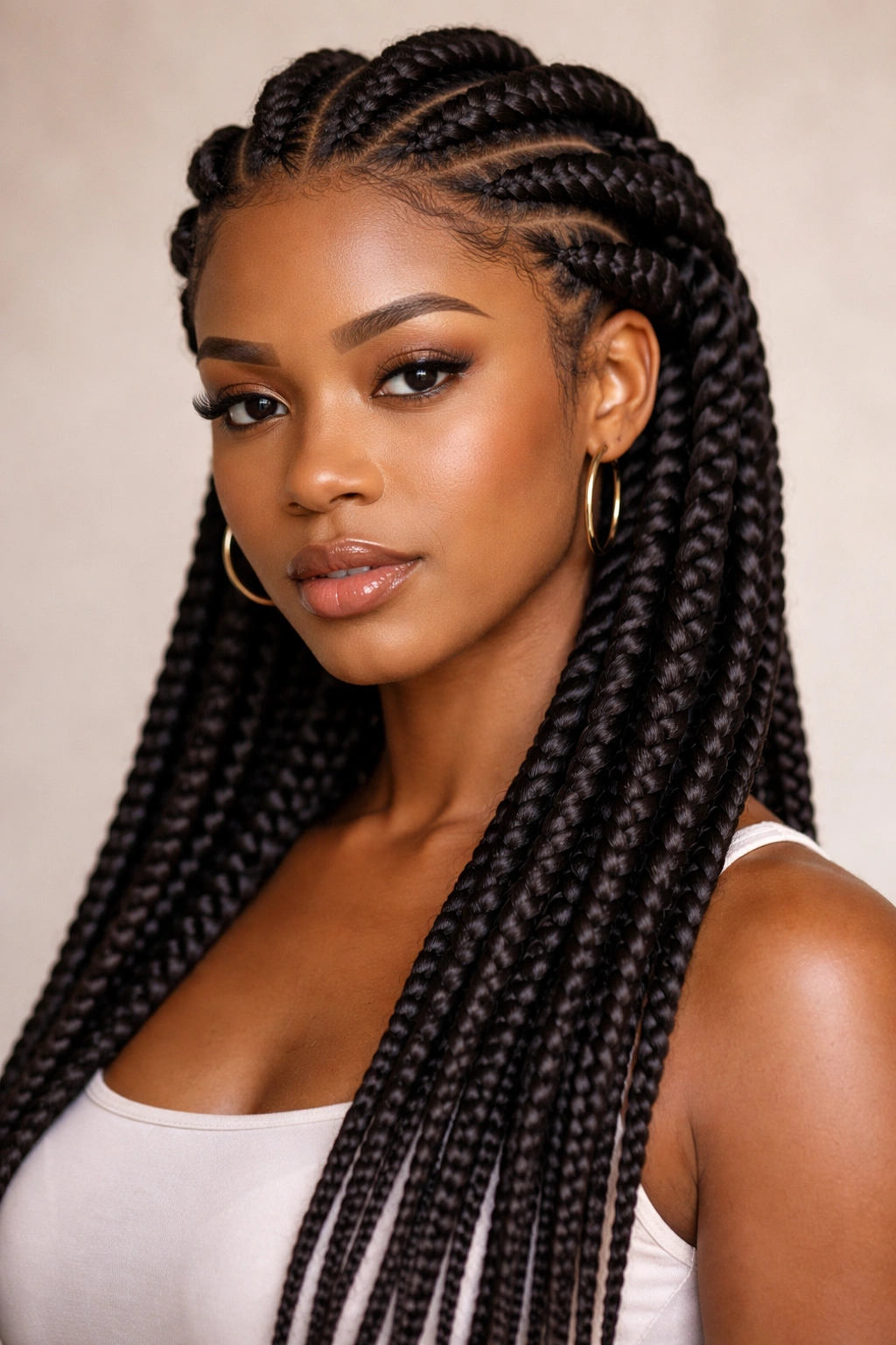 Thick rope-like Ghana or bamboo braids around the head in a crown pattern