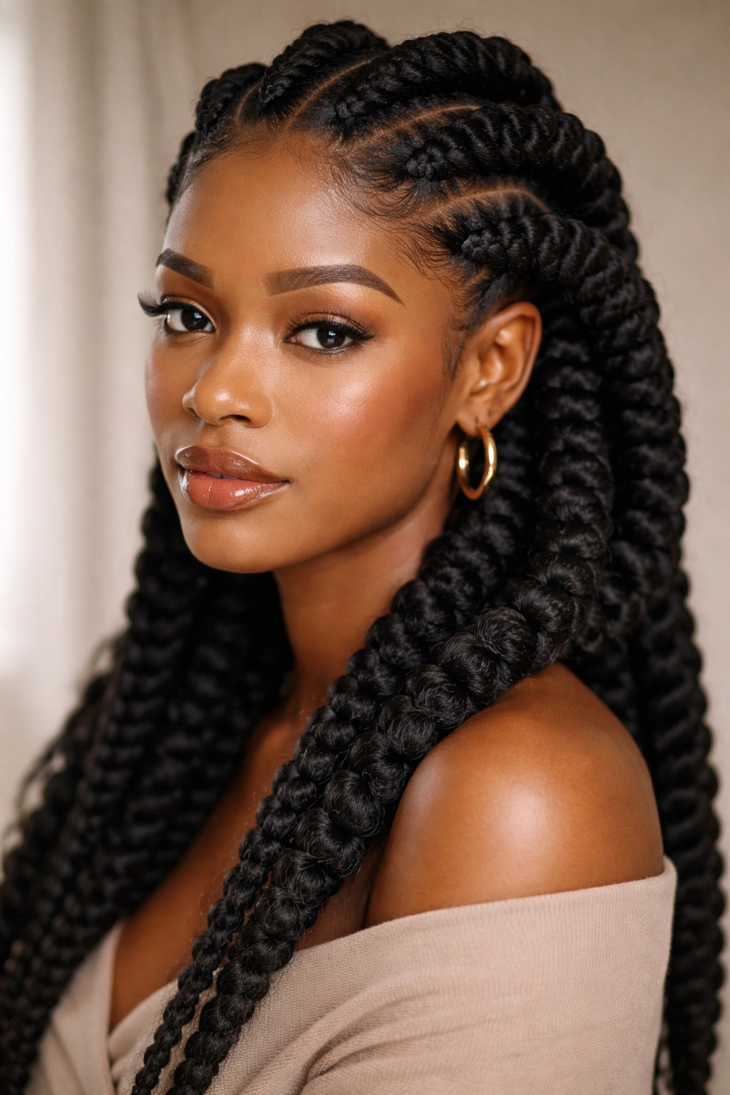 Close-up of chunky Ghana braids with bold volume and visible texture