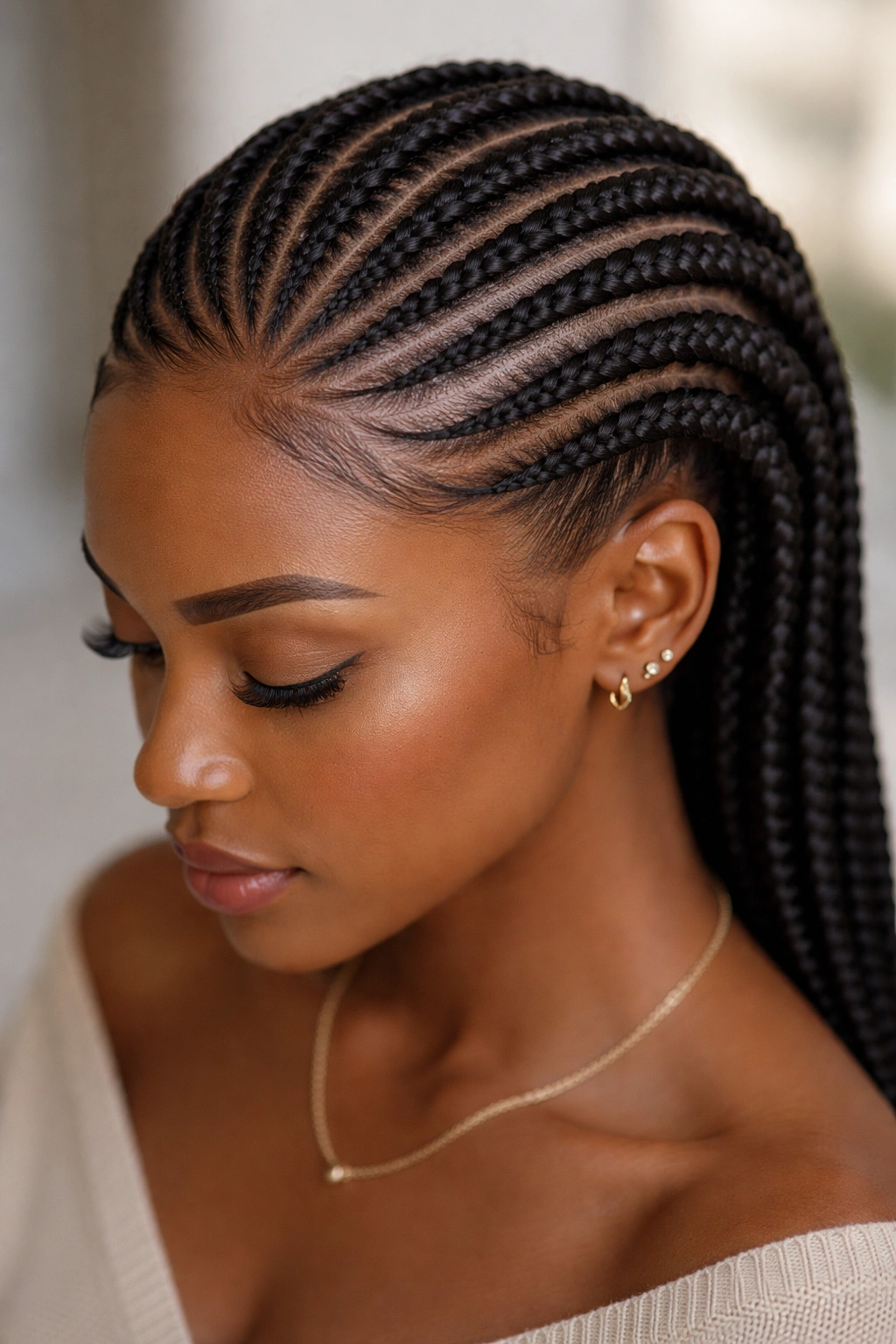 Curved Ghana braids arching across the crown of the head