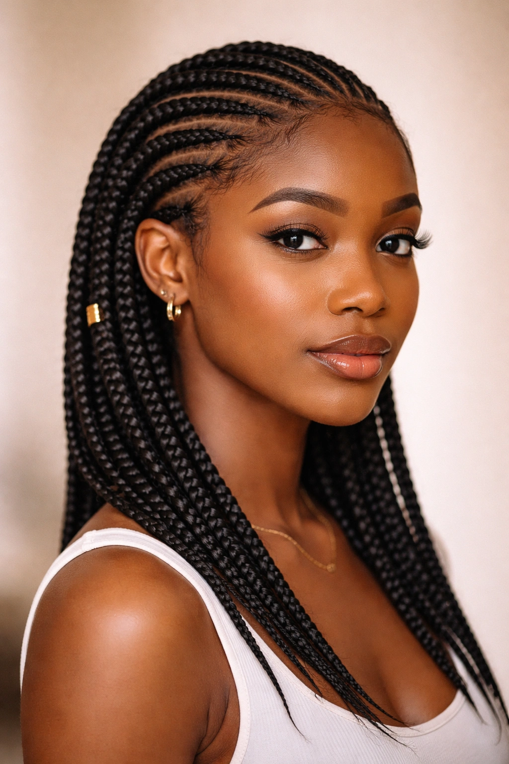 Close-up of Ghana Braids with banana-arc braids framing short hair