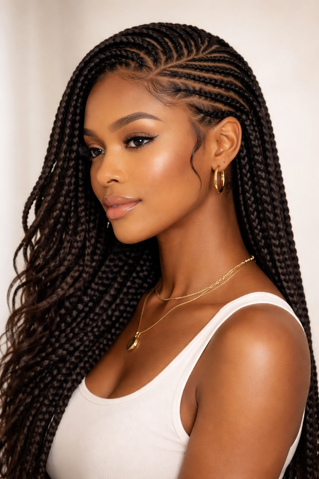 Profile view of side-swept Ghana braids forming a diagonal face framing