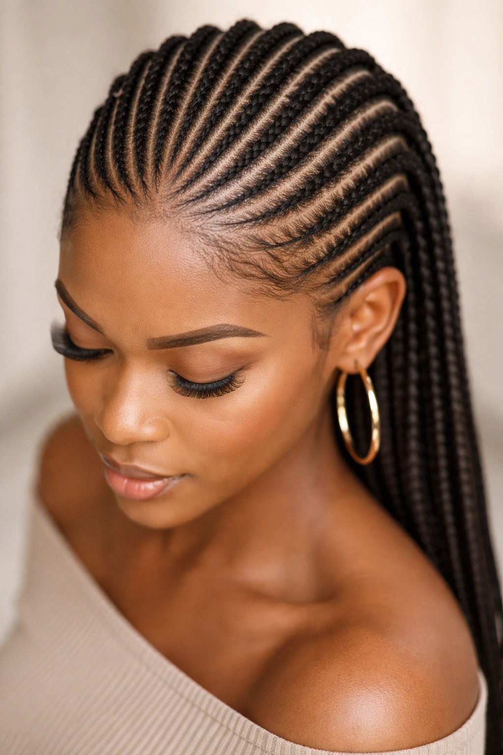 Ghana braids with airy spacing and visible scalp on neutral background