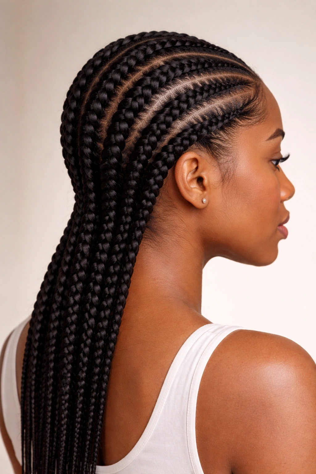 Close-up of classic three-strand Ghana braids running straight back from hairline to nape