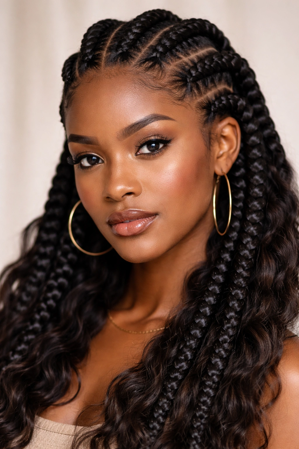 Thick Ghana braids with glossy finish on wavy hair