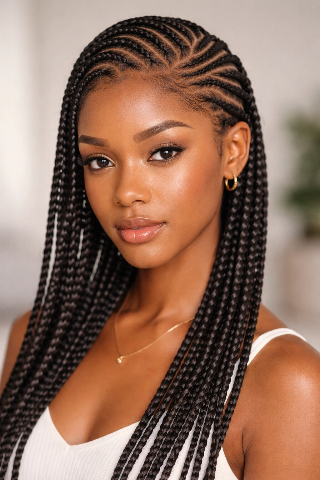 Close-up of delicate two-strand Ghana braids across the scalp