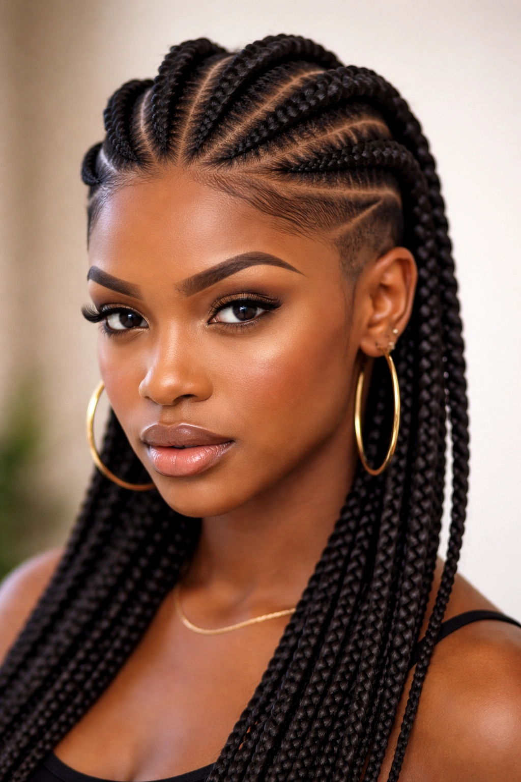 Frontal close-up of Ghana braids with undercuts showing negative space