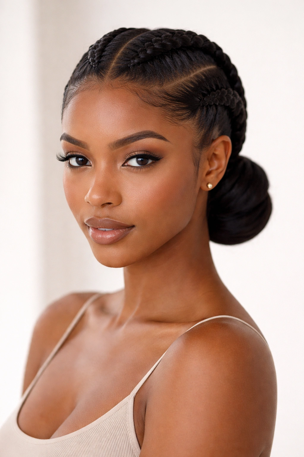 Two thick Ghana cornrows into a sleek low bun at the nape, studio lighting